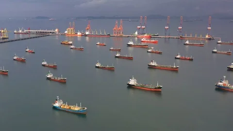 Aerial view of the ship carrying the lpg and oil tanker in the sea port Stock Footage 117998031