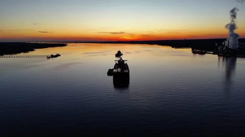 Aerial View of A Ship on The Delaware River at Sunset Stock Footage 261124795