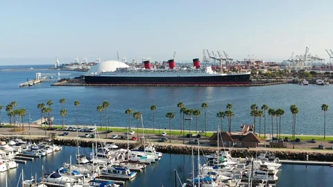 Aerial view of ship docked in the Long Beach harbor in California Stock Footage 111050947