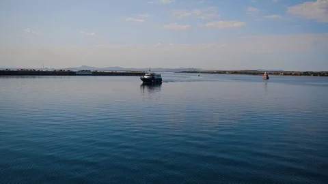 Aerial view of ship enter in the harbor Stock-Footage 126582204