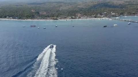 Aerial View of Ship on High Speed Approaching Toya Pakeh Harbour. Nusa Penida Stock Footage 113965878
