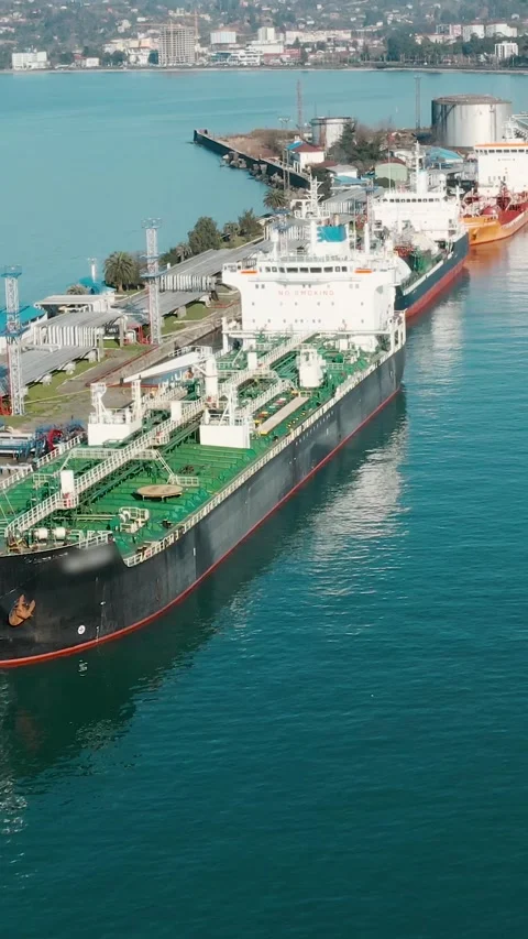 Aerial view ship LPG and gas tankers loading in gas and oil terminal station Stock Footage 344469396