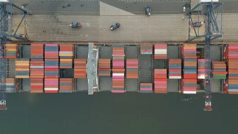 Aerial View Shipping Container unloading at Port Terminal 4k Video stock 117934031
