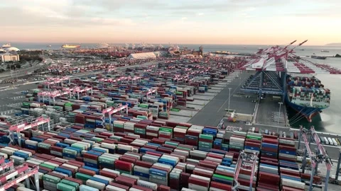 Aerial view of shipping containers and cargo ready for export at sea port Stock Footage 171835569