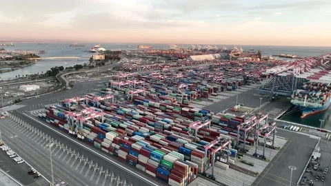 Aerial view of shipping containers and cargo ready for export and import at port Stock Footage 171835574