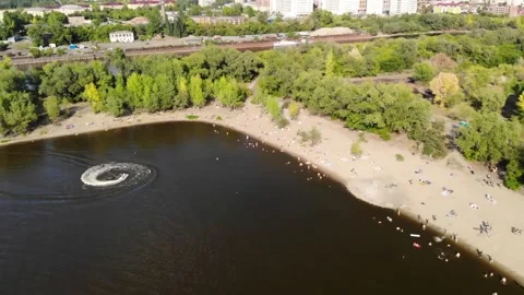Aerial View of a shipping dock beach Omsk Irtysh river summer day time Stock Footage 237805149