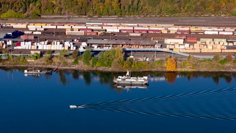 Aerial view of Shipping dock ,train terminal yard and highway , shows all t.. Stock Footage 320516405