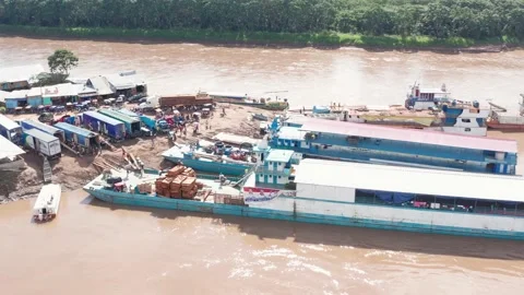 Aerial view of ships on the amazon river Yurimaguas Video stock 165362701