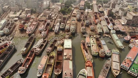 Aerial View Of Ships Construction Along Buriganga River In Dhaka, Bangladesh. Stock Footage