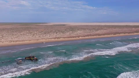 Aerial View of a Shipwreck on a Remote Beach in Cabo San Lazaro 動画素材 346654403