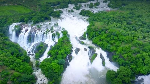 Aerial view of shivanasamudra falls, a segmented waterfall on the kaveri river Stock Footage 334936193