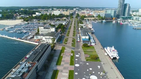 Aerial View of shops at John Paul II Avenue in Gdynia, summer beautifull footage Stock Footage