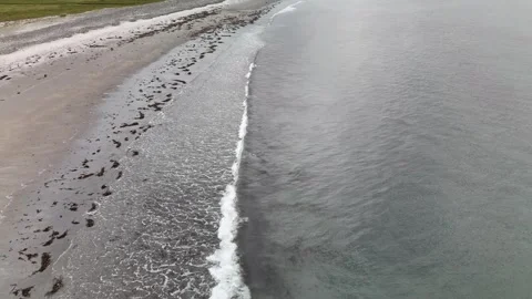 Aerial view of shoreline waves on sandy beach with seaweed 스톡 동영상 332679996
