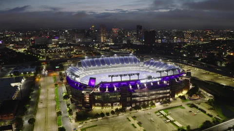 Aerial View Shot of Baltimore M&amp;T Bank Stadium, at night, evening Video stock 330261959