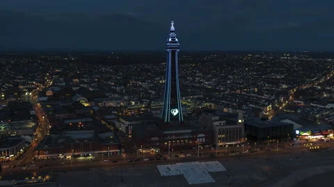 Aerial View Shot of Blackpool UK, Lancashire, England night evening Stock Footage 253649833