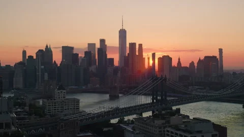 Aerial View Shot of New York City, sunset, sunrise, Downtown Manhattan, Brooklyn Stock Footage 318366751