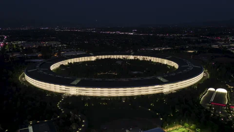 Aerial View Shot of One Apple Campus at night evening, Cupertino Silicon Valley Stock-Footage 248131116