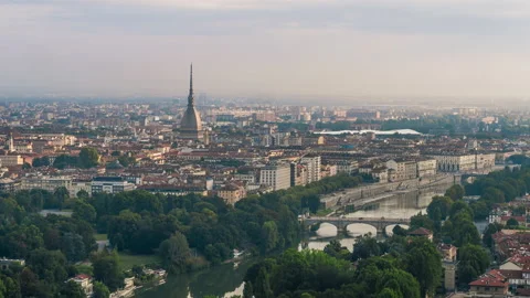 Aerial View Shot of Turin, Mole Antonelliana, Torino Skyline, Italy 動画素材 140907232