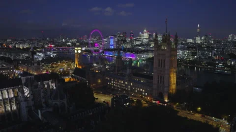 Aerial View Shot of Westminster and Parliament at Night, Evening Stock Footage 346564541