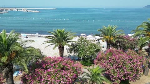 Aerial view showcasing the beach and poolside area of a beautiful coastal resort Stock Footage 294996374