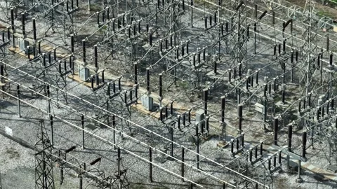 Aerial view showcasing high-voltage electrical equipment. Stock Footage 306898915