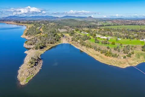 Aerial view showcasing the Lake Keepit boat ramp, shoreline and surrounding.. Stock Photos