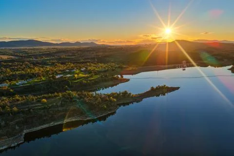 Aerial view showcasing the Lake Keepit dam wall and surrounding rural lands.. Stock Photos