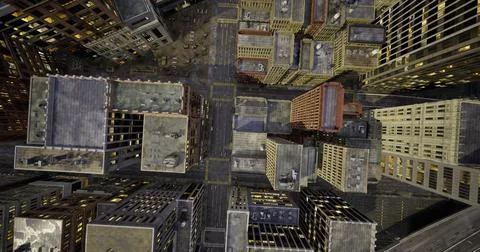 Aerial view showcasing modern city buildings and urban layout at dusk Ilustración de archivo