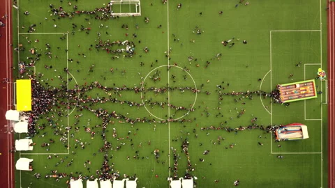 An aerial view showcasing an occasion taking place on a soccer field Stock Footage 258284420