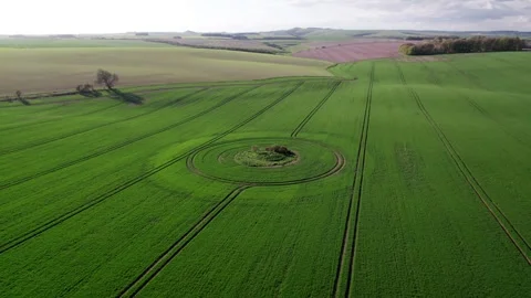 Aerial view showcasing a unique circular crop formation set in lush green field Stock Footage 320799525