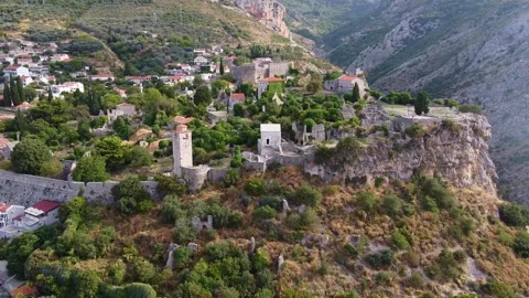 Aerial View Showing Ancient Cliffside Town of Bar in Montenegro Stock-Footage 342770977