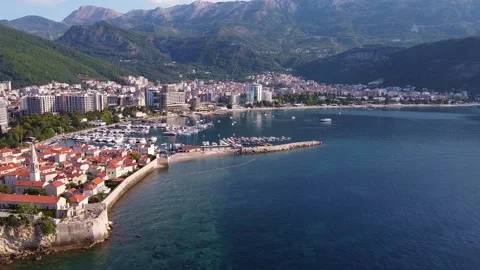 Aerial View Showing Old Town and Harbor of Budva Montenegro Video stock 342769596