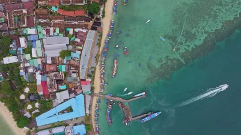 Aerial view shows busy Phi Phi Island coast and sea, Thailand Vídeos de archivo 307439640