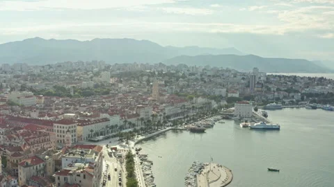 Aerial view shows central Split, Croatia, along the Adriatic sea 스톡 동영상 214019687