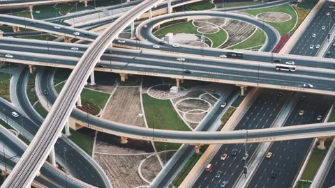 Aerial view shows a complex highway interchange Stock Footage 312482283