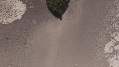 An aerial view shows a patch of green grass emerging from an expansive Stock Footage 341314061