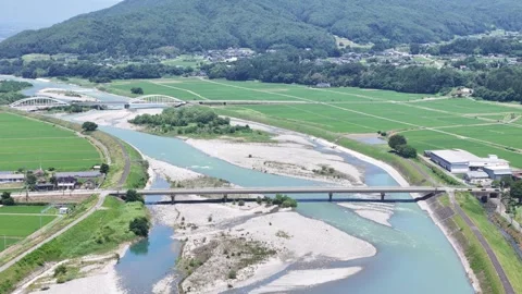 Aerial view shows a river flowing through green fields Vidéo 339127912
