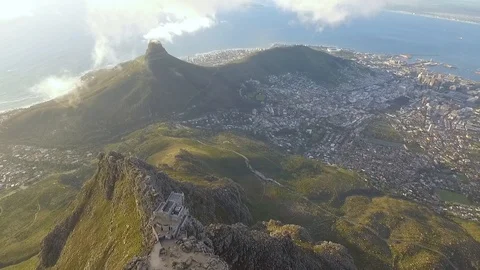 An aerial view shows Table Mountain in Cape Town, South Africa. Stock Footage