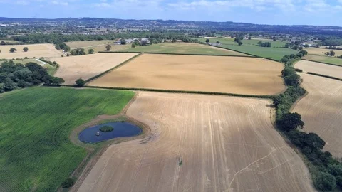 Aerial view, side move. Drone panorama of plains and pond hidden between fields Stock Footage 93486788