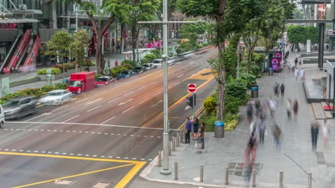 Aerial view of sidewalk and intersection of Orchard road in Singapore timelapse. Stock Footage 137027729