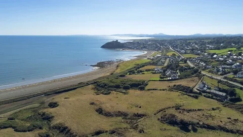 Aerial view, sideways move. Drone panorama of sea with silhouette of Cricciet Stock Footage 94242014