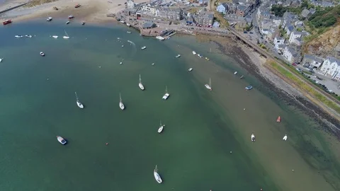 Aerial view, sideways move. Drone panorama over sea, harbor, beach and downto Stock Footage 94253787