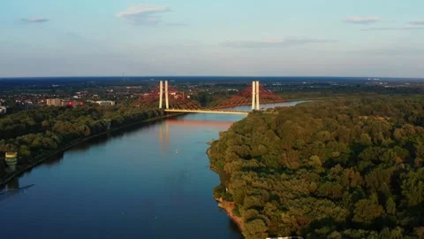 Aerial view of Siekierkowski bridge and Wisla Vistula river at sunset. Stock Footage 245554147