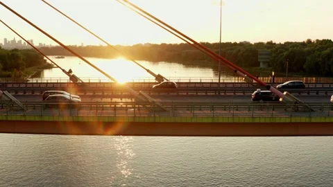 Aerial view of Siekierkowski bridge and Wisla Vistula river at sunset. Stock Footage 245554174