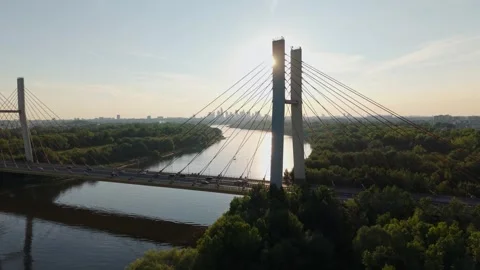 Aerial view of Siekierkowski bridge over Vistula river. Warsaw, Poland. Stock Footage 314051009