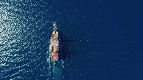 Aerial view: sightseeing ship sailing on open sea entertainment for tourists Video stock 165927679