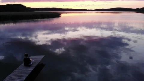 Aerial view, silhouette, sunset, ake in Bory Tucholskie - Pomerania Stock Footage 189817442