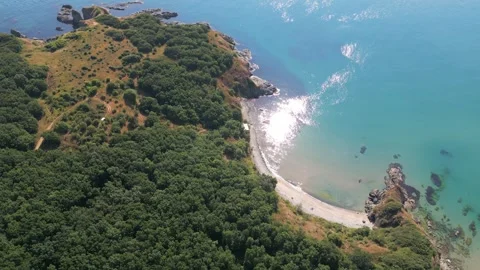 Aerial View of Silistar Beach Bay Surrounded by Forest in Bulgaria Stock Footage 340618356