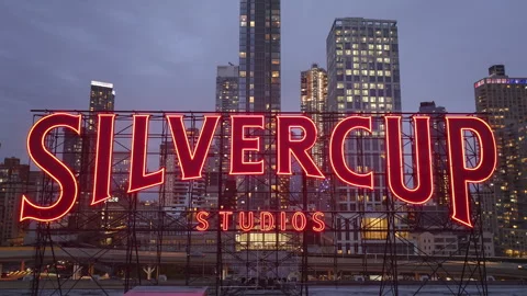 Aerial view of the Silvercup Studios sign Stock Footage 287850064
