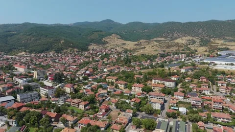 Aerial view of Simitli town and surrounding mountains in Bulgaria Stock Footage 343578349